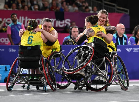 COM26 3X3 BASKETBALL, Team Australia celebrate after winning Bronze following the Women™s Wheelchair Bronze Medal game between Australian and Canada at at SEC Centre Hall 4 during the Glasgow 2026 Commonwealth Games in Glasgow, Scotland, Wednesday, July 29, 2026. ( NO ARCHIVING, EDITORIAL USE ONLY Glasgow Scotland United Kingdom  Copyright: xLUKASxCOCHx 20260730171692485678