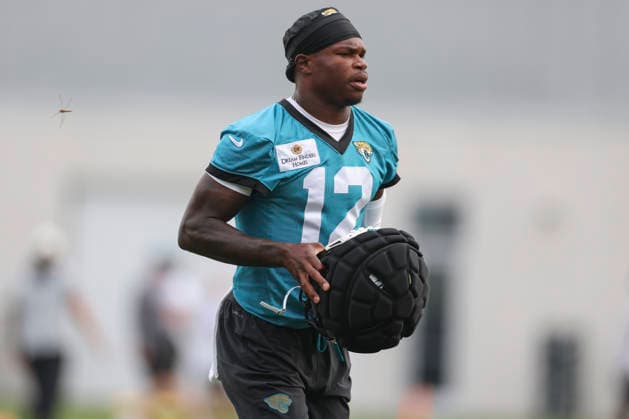 JACKSONVILLE, FL - JULY 29: Jacksonville Jaguars wide receiver Travis Hunter (12) during training camp on July 29, 2026 at the Miller Electric Center in Jacksonville, Fl. (Photo by David Rosenblum Icon Sportswire) NFL, American Football Herren, USA JUL 29 Jaguars Training Camp EDITORIAL USE ONLY Icon260729224514
