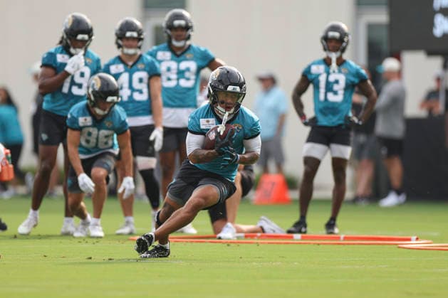 JACKSONVILLE, FL - JULY 29: Jacksonville Jaguars wide receiver Michael Wortham (0) works on a drill during training camp on July 29, 2026 at the Miller Electric Center in Jacksonville, Fl. (Photo by David Rosenblum Icon Sportswire) NFL, American Football Herren, USA JUL 29 Jaguars Training Camp EDITORIAL USE ONLY Icon260729224552