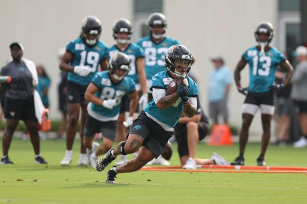 JACKSONVILLE, FL - JULY 29: Jacksonville Jaguars wide receiver Michael Wortham (0) works on a drill during training camp on July 29, 2026 at the Miller Electric Center in Jacksonville, Fl. (Photo by David Rosenblum Icon Sportswire) NFL, American Football Herren, USA JUL 29 Jaguars Training Camp EDITORIAL USE ONLY Icon260729224553
