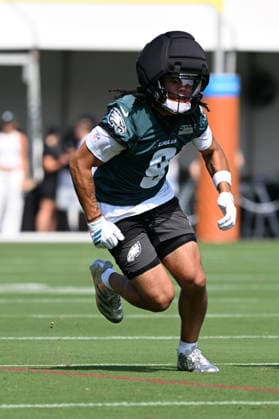 PHILADELPHIA, PA - JULY 29: Philadelphia Eagles wide receiver Makal Lemon 9 runs a route during the Philadelphia Eagles training camp on July 29th, 2026 at Jefferson Health Training Complex in Philadelphia, PA. (Photo by Terence Lewis Icon Sportswire) NFL, American Football Herren, USA JUL 29 Eagles Training Camp EDITORIAL USE ONLY Icon260729023