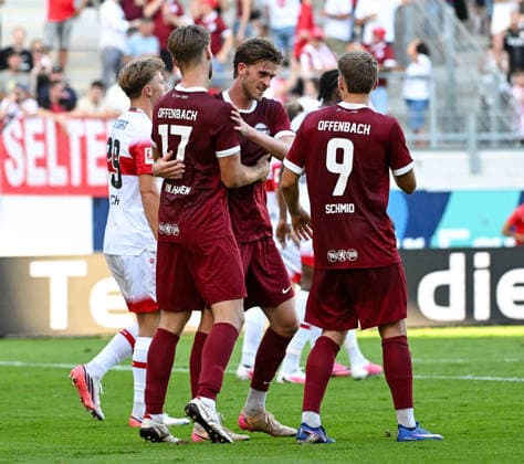 29.07.2026, xpsx, Fussball Testspiel, Kickers Offenbach - VfB Stuttgart v.l. celebrate the goal, Torjubel zum 1:3 Torschütze Benedikt von Hagen (Offenbacher Kickers), Jelle Goselink (Offenbacher Kickers) (DFL DFB REGULATIONS PROHIBIT ANY USE OF PHOTOGRAPHS as IMAGE SEQUENCES and or QUASI-VIDEO) emspor Offenbach *** July 29, 2026, xpsx, Soccer Friendly Match, Kickers Offenbach vs. VfB Stuttgart—celebrating the goal, Goal celebration for the 1–3 goal; scorer Benedikt von Hagen (Offenbach Kickers), Jelle Goselink (Offenbach Kickers). DFL and DFB regulations prohibit any use of photographs as image sequences and or quasi-video. emspor Offenbach