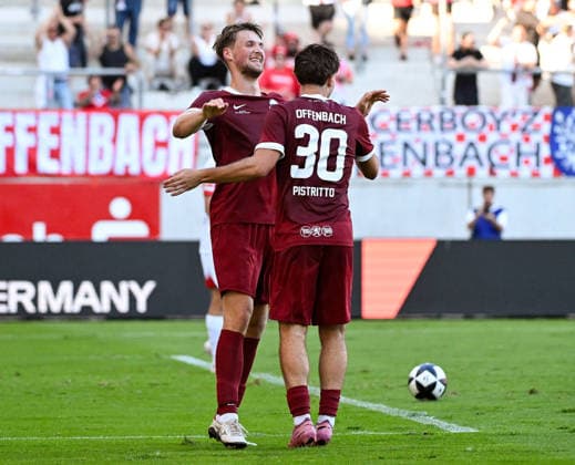 29.07.2026, xpsx, Fussball Testspiel, Kickers Offenbach - VfB Stuttgart v.l. celebrate the goal, Torjubel zum 1:3 Torschütze Benedikt von Hagen (Offenbacher Kickers), Alessandro Pistritto (Kickers Offenbach) (DFL DFB REGULATIONS PROHIBIT ANY USE OF PHOTOGRAPHS as IMAGE SEQUENCES and or QUASI-VIDEO) emspor Offenbach *** July 29, 2026, xpsx, soccer friendly match, Kickers Offenbach vs. VfB Stuttgart—celebrating the goal, goal celebration for the 1-3 goal scored by Benedikt von Hagen of Kickers Offenbach, Alessandro Pistritto, Kickers Offenbach. DFL and DFB regulations prohibit any use of photographs as image sequences and or quasi-video. emspor Offenbach
