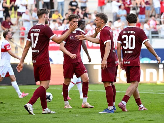 29.07.2026, xpsx, Fussball Testspiel, Kickers Offenbach - VfB Stuttgart v.l. celebrate the goal, Torjubel zum 1:3 Torschütze Benedikt von Hagen (Offenbacher Kickers), Maximilian Schmid (Offenbacher Kickers) (DFL DFB REGULATIONS PROHIBIT ANY USE OF PHOTOGRAPHS as IMAGE SEQUENCES and or QUASI-VIDEO) emspor Offenbach *** July 29, 2026, xpsx, Soccer Friendly Match, Kickers Offenbach vs. VfB Stuttgart—celebrating the goal, goal celebration for the 1-3 goal scored by Benedikt von Hagen of Kickers Offenbach, Maximilian Schmid, Offenbach Kickers. DFL and DFB regulations prohibit any use of photographs as image sequences and or quasi-video. emspor Offenbach