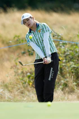 LYTHAM, ENGLAND - JULY 29: Shiho Kuwaki (JPN) chips onto the eleventh green during Practice at the 50th AIG Women™s Open Championship at the Royal Lytham and St Anne™s Golf Club, Lytham on July 29, 2026 in Lancashire, England The 50th AIG Women™s Open Championship