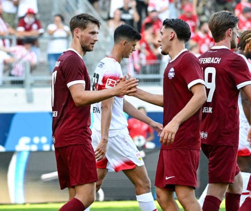 29.07.2026, xpsx, Fussball Testspiel, Kickers Offenbach - VfB Stuttgart v.l. celebrate the goal, Torjubel zum 1:3 Torschütze Benedikt von Hagen (Offenbacher Kickers), Nathan Doganay (Offenbacher Kickers) (DFL DFB REGULATIONS PROHIBIT ANY USE OF PHOTOGRAPHS as IMAGE SEQUENCES and or QUASI-VIDEO) emspor Offenbach *** July 29, 2026, xpsx, soccer friendly match, Kickers Offenbach vs. VfB Stuttgart—celebrating the goal, goal celebration for the 1-3 goal scored by Benedikt von Hagen of Offenbacher Kickers, Nathan Doganay, Offenbach Kickers. DFL and DFB regulations prohibit any use of photographs as image sequences and or quasi-video. emspor Offenbach