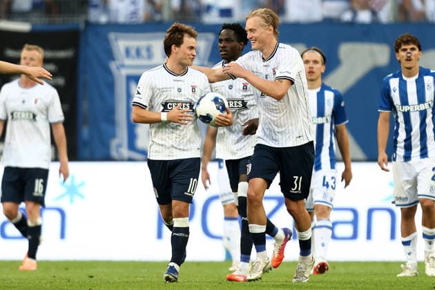 Lech Poznan V Aarhus GF - UEFA Champions League 2026 2027 Second Qualifying Round Second Leg Kristian Arnstad and Tobias Bech during the UEFA Champions League 2026 2027 Second Qualifying Round Second Leg match between Lech Poznan and Aarhus GF at Enea Stadium in Poznan, Poland, on July 29, 2026. Poznan Poland  Copyright: xPiotrxMatusewiczx originalFilename:matusewicz-lechpozn260729_npgEz.jpg
