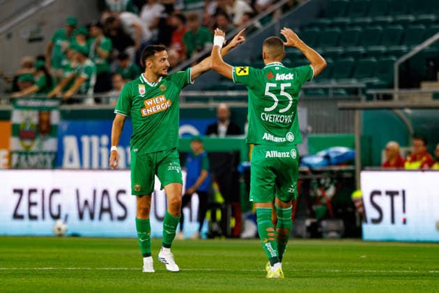 VIENNA, AUSTRIA - 29 JULY 2026: Image shows Kara Ercan (Rapid, 9) and CvetkoviÄ‡ Nenad (Rapid, 55) celebrating the first goal for SK Rapid Wien during UEFA Conference League 2026 27 Second Qualifying Round, Second Leg: SK Rapid Wien vs FC Santa Coloma at Weststadion on 29 07 2026 in Vienna, Austria. Austria Copyright: xFröhlichxPascalx