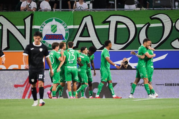 SOCCER - UEFA ECL, Rapid vs Coloma VIENNA,AUSTRIA,29.JUL.26 - SOCCER - UEFA Conference League, qualification, SK Rapid Wien vs FC Santa Coloma. Image shows the rejoicing of Rapid.  GEPAxpictures xDavidxBitzan