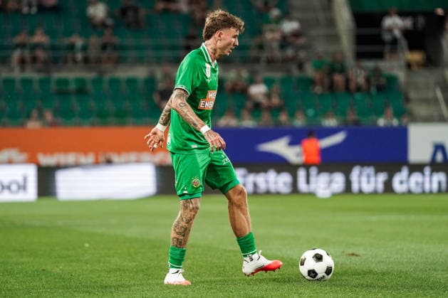 Fussball: Österreich: UEFA Conference League Qualifikation 2026 2027 - 2. Runde, 29.07.2027 - SK Rapid Wien (Österreich) vs. FC Santa Coloma (Andorra) - Allianz Stadion (Wien, Hütteldorf, Österreich); Bendeguz Bolla (Rapid Wien) *** Soccer Austria UEFA Conference League Qualifiers 2026–2027, Round 2, July 29, 2027, SK Rapid Vienna (Austria) vs. FC Santa Coloma (Andorra), Allianz Stadium, Vienna, Hütteldorf, Austria, Bendeguz Bolla, Rapid Vienna Copyright: xLUKAxKOLANOVICx