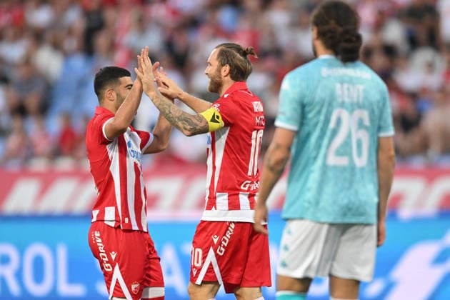 CRVENA ZVEZDA vs LARNE NORTHERN IRLAND MOHAMMAD ABU FANI Mohamed Abu Fani ansd ALEKSANDAR KATAI football Crvena zvezda vs Larne Northern Irland during UEFA Champions league qualification match at Rajko Mitic stadium, Belgrade 29.07.2026 Foto: FOOTBALL, CRVENA ZVEZDA, RED STAR, UEFA CHAMPIONS LEAGUE QUALIFICATIONS, LARNE NORTHERN IRLAND Belgrade Rajko Mitic stadium Serbia Copyright: xMarkoxMetlasx xMNxPressx