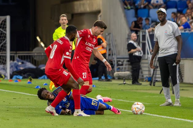 Lucas Cafe of Iberia 1999 Tbilisi, Giorgi Kutsia of Iberia 1999 Tbilisi and Sandro Cruz of SK Slovan Bratislava seen during UEFA Champions league second qualifying round game between teams of SK Slovan Bratislava and Iberia 1999 Tbilisi (Dominika Kortvelyesiova Ball Raw Images) Bratislava Tehelne Pole stadium Slovakia Copyright: xDominikaxKortvelyesiovax DKOR8618