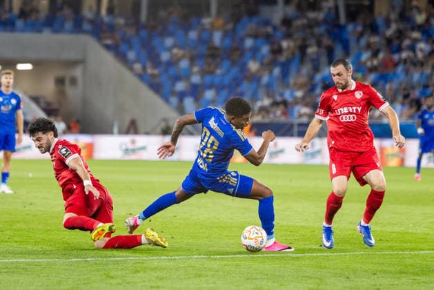 Cesar Blackman of SK Slovan Bratislava, Zviad Natchkhebia of Iberia 1999 Tbilisi and Bakar Kardava of Iberia 1999 Tbilisi seen during UEFA Champions league second qualifying round game between teams of SK Slovan Bratislava and Iberia 1999 Tbilisi (Dominika Kortvelyesiova Ball Raw Images) Bratislava Tehelne Pole stadium Slovakia Copyright: xDominikaxKortvelyesiovax DKOR8720