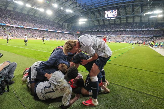 29.07.2026 POZNAN, ENEA STADION PRZY BULGARSKIEJ PILKA NOZNA (FOOTBALL), KWALIFIKACJE UEFA CHAMPIONS LEAGUE DRUGA RUNDA ( UEFA CHAMIPONS LEAGUE SECOND QUALIFYING ROUND 2ND LEG ), SEZON 2026 2027 MECZ LECH POZNAN - AGF AARHUS NZ. RADOSC BRAMKA GOL TOMAS OLI KRISTJANSON FOTO JAKUB PIASECKI CYFRASPORT NEWSPIX.PL --- newspix.pl 