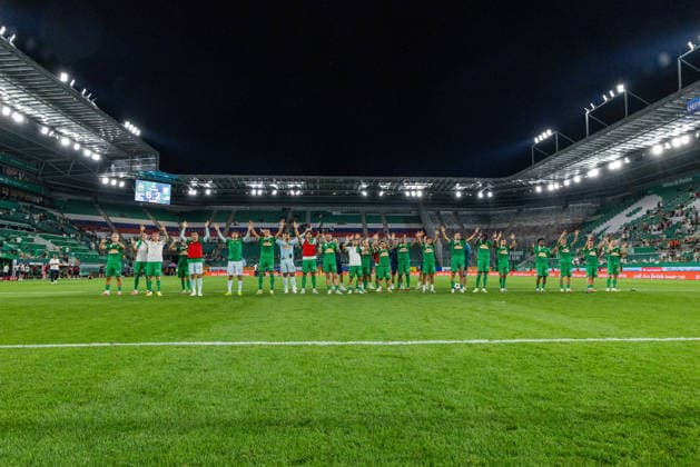 SOCCER - UEFA ECL, Rapid vs Coloma VIENNA,AUSTRIA,29.JUL.26 - SOCCER - UEFA Conference League, qualification, SK Rapid Wien vs FC Santa Coloma. Image shows the rejoicing of Rapid.  GEPAxpictures xPhilippxBrem