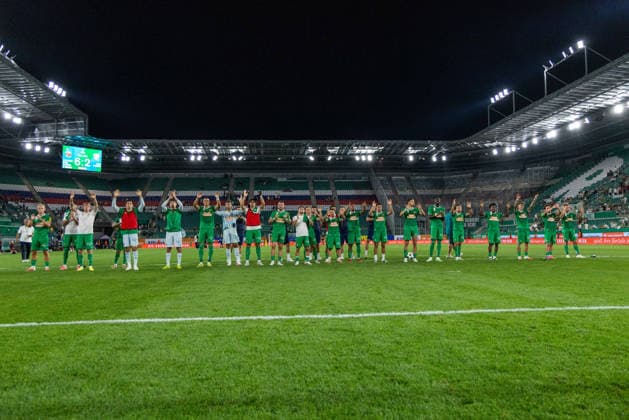 SOCCER - UEFA ECL, Rapid vs Coloma VIENNA,AUSTRIA,29.JUL.26 - SOCCER - UEFA Conference League, qualification, SK Rapid Wien vs FC Santa Coloma. Image shows the rejoicing of Rapid.  GEPAxpictures xPhilippxBrem