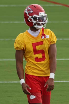 ST. JOSEPH, MO - JULY 29: Mansoor Delane 5 during during the Kansas City Chiefs training camp on July 29, 2026 at Missouri Western State University in St. Joseph, MO. (Photo by Scott Winters Icon Sportswire) NFL, American Football Herren, USA JUL 29 Chiefs Training Camp EDITORIAL USE ONLY Icon2607290573