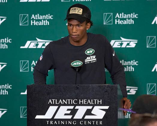 New York Jets wide receiver Garrett Wilson (5) during press conference, PK, Pressekonferenz during training camp at the Atlantic Health Jets Training Center, Florham Park, New Jersey. CSM Florham Park United States - ZUMAc04_ 20260729_zma_c04_015 Copyright: xDuncanxWilliamsx
