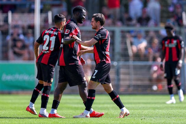 29.07.2026, Fußball, Bayer 04 Leverkusen - KRC Genk, Testspiel, Saison 2026 2027 im Ulrich-Haberland-Stadion: Lucas Vazquez (Bayer04 Leverkusen 21) Victor Boniface (Bayer04 Leverkusen 22) Jonas Hofmann (Bayer04 Leverkusen 07) DFB regulations prohibit any use of photographs as image sequences and or quasi-video. Nordrhein-Westfalen Deutschland *** July 29, 2026, Soccer, Bayer 04 Leverkusen vs. KRC Genk, Friendly Match, 2026–2027 season at Ulrich Haberland Stadium Lucas Vázquez Bayer 04 Leverkusen 21 Victor Boniface Bayer 04 Leverkusen 22 Jonas Hofmann Bayer 04 Leverkusen 07 DFB regulations prohibit any use of photographs as image sequences and or quasi-video North Rhine-Westphalia, Germany