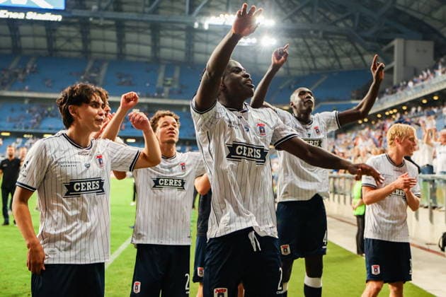 Poznan 29.07.2026. Football UEFA Champions League match between Lech Poznan and Aarhus in Poznan, Poland --- Mecz pilka nozna UEFA Champions League Lech Poznan - Aarhus w Poznaniu Persons Shown : Eric Kahl, James Bogere Fot. Mikolaj Barbanell Arena Akcji NEWSPIX.PL --- newspix.pl 