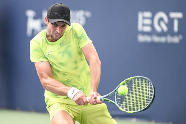 July 29, 2026, Washington, D.C, U.S: ALEKSANDER VUKIC hits a backhand during his match against Lorenzo Musetti at the Rock Creek Tennis Center. Tennis 2026 - Mubadala Open  - ZUMAg196 20260729_zap_g196_048 Copyright: xKylexGustafsonx