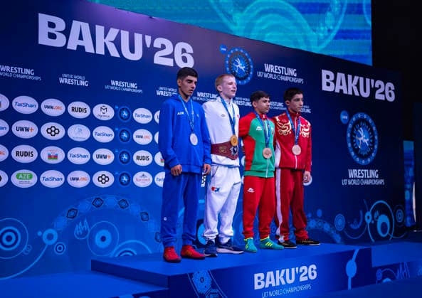 U17, U 17 Wrestling World Championships Podium 45kg GR - Gold: Rylen Bezer Wax (USA), Silver: Ali Javadli (AZE), Bronze: Ognyan Tsvetanov Burgazov (BUL), Arsan Aliev (RUS) *** U17 Wrestling World Championships Podium: 45kg Greco-Roman — Gold: Rylen Bezer Wax (USA); Silver: Ali Javadli (AZE); Bronze: Ognyan Tsvetanov Burgazov (BUL), Arsan Aliev (RUS)