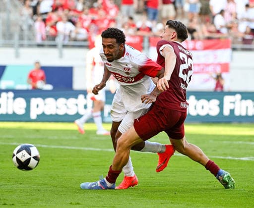 29.07.2026, xpsx, Fussball Testspiel, Kickers Offenbach - VfB Stuttgart v.l. Tiago Tomas (VfB Stuttgart), Nathan Doganay (Offenbacher Kickers) (DFL DFB REGULATIONS PROHIBIT ANY USE OF PHOTOGRAPHS as IMAGE SEQUENCES and or QUASI-VIDEO) emspor Offenbach *** July 29, 2026, xpsx, soccer friendly match, Kickers Offenbach vs. VfB Stuttgart, Tiago Tomas (VfB Stuttgart), Nathan Doganay (Offenbacher Kickers). DFL and DFB regulations prohibit any use of photographs as image sequences and or quasi-video. emspor Offenbach