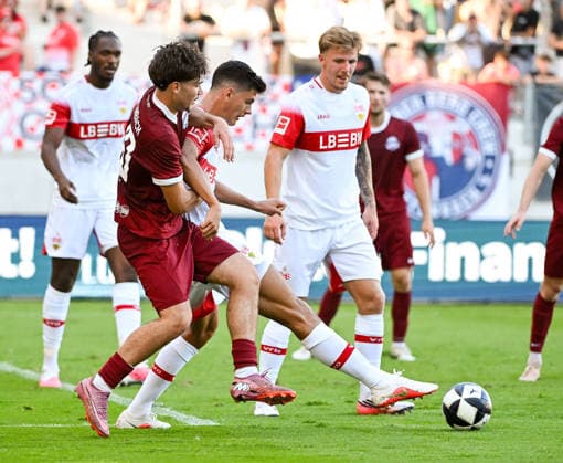 29.07.2026, xpsx, Fussball Testspiel, Kickers Offenbach - VfB Stuttgart v.l. Alessandro Pistritto (Kickers Offenbach), Chema Andres (VfB Stuttgart) (DFL DFB REGULATIONS PROHIBIT ANY USE OF PHOTOGRAPHS as IMAGE SEQUENCES and or QUASI-VIDEO) emspor Offenbach *** July 29, 2026, xpsx, soccer friendly match, Kickers Offenbach vs. VfB Stuttgart, Alessandro Pistritto (Kickers Offenbach), Chema Andres (VfB Stuttgart). DFL and DFB regulations prohibit any use of photographs as image sequences and or quasi-video. emspor Offenbach