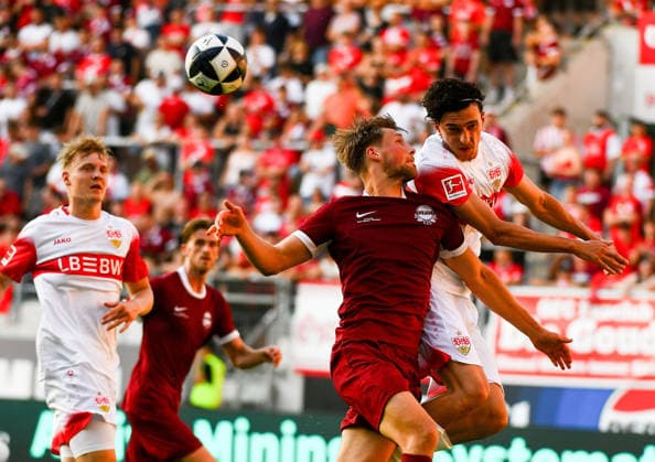 29.07.2026, xpsx, Fussball Testspiel, Kickers Offenbach - VfB Stuttgart v.l. Benedikt von Hagen (Offenbacher Kickers), Ameen Al-Dakhil (VfB Stuttgart) (DFL DFB REGULATIONS PROHIBIT ANY USE OF PHOTOGRAPHS as IMAGE SEQUENCES and or QUASI-VIDEO) emspor Offenbach *** July 29, 2026, xpsx, Soccer Friendly Match, Kickers Offenbach vs. VfB Stuttgart, photo by Benedikt von Hagen, Offenbacher Kickers, Ameen Al Dakhil, VfB Stuttgart. DFL and DFB regulations prohibit any use of photographs as image sequences and or quasi-video. emspor Offenbach