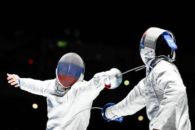 CHINA, HONG KONG - JULY 30, 2026: Athlete Dmitry Nasonov of Russia fights in his team sabre bout against Adham Moataz of Egypt during the 2026 Kerry Fencing World Championships. Mikhail Sinitsyn TASS  95619065
