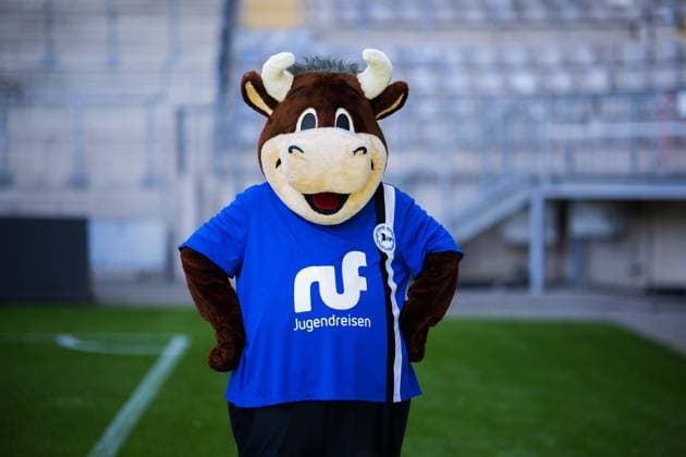 Maskottchen Lohmann; DSC Arminia Bielefeld; 2. BL, Porträttermin 2026 2027. Bielefeld Nordrhein-Westfalen Deutschland Schüco Arena *** Lohmann, the mascot of DSC Arminia Bielefeld (2. Bundesliga), photo shoot 2026–2027, Bielefeld, North Rhine-Westphalia, Germany, Schüco Arena