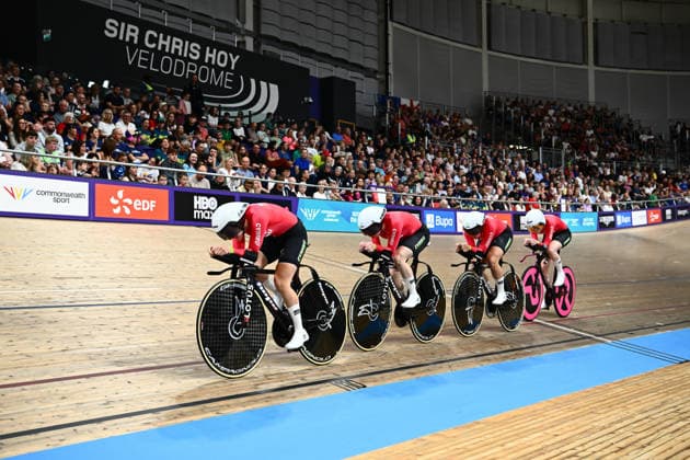 Glasgow 2026 Commonwealth Games Picture by Olly Hassell SWpix.com - 30 07 2026 - Glasgow 2026 Commonwealth Games - Track cycling, Rad, Radsport, Bahnrad, Bahn and Para Track Cycling - Sir Chris Hoy Velodrome, Glasgow, Scotland - Women s 4000m Team Pursuit Qualifying - Megan Barker, Anna Morris, Ciara Oliva, Jessica Roberts of Wales Glasgow Sir Chris Hoy Velodrome Scotland Copyright: x xSWpix.comx(t axPhotographyxHubxLtd)xOllyxHassell SWpix.comx SWP-3030-15903