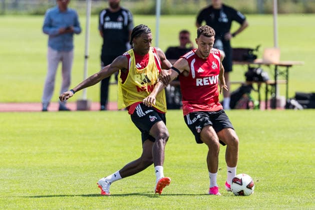 ST. JOHANN IN TIROL, AUSTRIA - JULY 30: Luca Waldschmidt (1. FC Koeln, 7) controls the ball against Reigan Heskey (1. FC Koeln, 11) during a training session at trainings camp in Kitzbuehel of season 2026 27 at Koasastadion on July 30, 2026 in St. Johann in Tirol, Austria. Austria Copyright: xSteffiexWunderlx