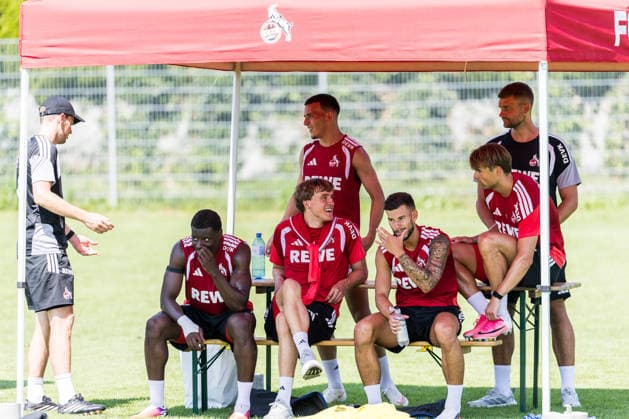 ST. JOHANN IN TIROL, AUSTRIA - JULY 30: Ragnar Ache (1. FC Koeln, 9), Timo Huebers (Hübers, Hubers, 1. FC Koeln, 4), Tom Krauss (Krauß, 1. FC Koeln, 5), Said El Mala (1. FC Koeln, 13) sitting together under a tent during a training session at trainings camp in Kitzbuehel of season 2026 27 at Koasastadion on July 30, 2026 in St. Johann in Tirol, Austria. Austria Copyright: xSteffiexWunderlx