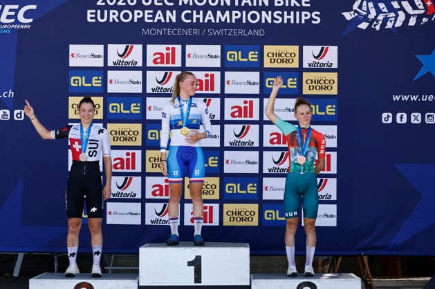 30.07.2026, Monteceneri, Monte Ceneri, 2026 UEC MTB European Championship, EM, Europameisterschaft XCC Women Junior s Final (cross country short track), Shana Huber 20 (SUI) 2nd place and silver medal, Barbora Bukovska 2 (CZE) 1st place, European Champion and gold medal and Nikoletta Bettina Kiss 9 (HUN) 3rd place and bronze medal Monteceneri Monte Ceneri Ticino Switzerland *** July 30, 2026, Monteceneri, Monte Ceneri, 2026 UEC MTB European Championship XCC Women s Junior Final (cross-country short track), Shana Huber 20 SUI, 2nd place and silver medal; Barbora Bukovska 2 CZE, 1st place, European Champion, and gold medal; and Nikoletta Bettina Kiss 9 HUN, 3rd place and bronze medal; Monteceneri, Monte Ceneri, Ticino, Switzerland Copyright: xJustPictures.ch FrancescoxMinghettix jp-en-FrMi-_NG_0615