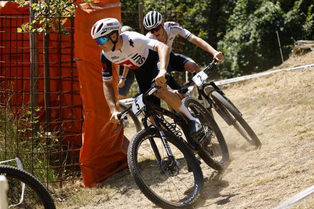 30.07.2026, Monteceneri, Monte Ceneri, 2026 UEC MTB European Championship, EM, Europameisterschaft XCC Men Junior s Final (cross country short track), Marwan Barhoumi 5 (SUI) and Elias Hückmann 2 (GER) Monteceneri Monte Ceneri Ticino Switzerland *** July 30, 2026, Monteceneri, Monte Ceneri, 2026 UEC MTB European Championship XCC Men s Junior Final—Cross Country Short Track, Marwan Barhoumi (5th, SUI) and Elias Hückmann (2nd, GER), Monteceneri, Monte Ceneri, Ticino, Switzerland Copyright: xJustPictures.ch FrancescoxMinghettix jp-en-FrMi-_NG_0850