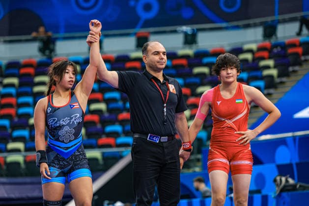 U17, U 17 Wrestling World Championships 61kg WW - Marisa Jasmine Iturrino (PUR) df. Siysagul Sarsenbaeva (UZB) *** U17 Wrestling World Championships, 61 kg: Marisa Jasmine Iturrino (PUR) defeated Siysagul Sarsenbaeva (UZB) by fall Copyright: xUnitedxWorldxWrestlingx xAmirrezx UWW-U17-WC-BAKU-2026