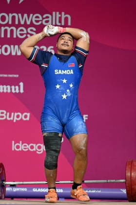 COM26 WEIGHTLIFTING, Jack Opeloge of Samoa reacts in the Men™s 110kg Weightlifting during the Glasgow 2026 Commonwealth Games at the SEC Armadillo in Glasgow, Scotland, Thursday, July 30, 2026. ( NO ARCHIVING, EDITORIAL USE ONLY Glasgow Scotland United Kingdom  Copyright: xLUKASxCOCHx 20260730128392033616