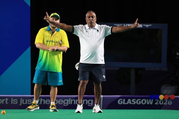 COM26 BOWLS, Surendra Prasad of Fiji gestures as Fiji play Australia in the Bowls Men s Pairs Sectional, Section D, Round 2 of the Glasgow 2026 Commonwealth Games at SEC Centre Hall 3 in Glasgow, Scotland, Thursday, July 30, 2026. ( NO ARCHIVING, EDITORIAL USE ONLY, AUSTRALIA ONLY Glasgow Scotland United Kingdom  Copyright: xSIMONxSTACPOOLEx 20260731134932904121