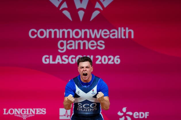 RECORD DATE NOT STATED 30th July 2026; Glasgow, Scotland; 2026 Commonwealth Games, Day Eight; Mens 110kg Weightlifting, Drew Burns (SCO) in the snatch roars at the crowd RogerxEvans