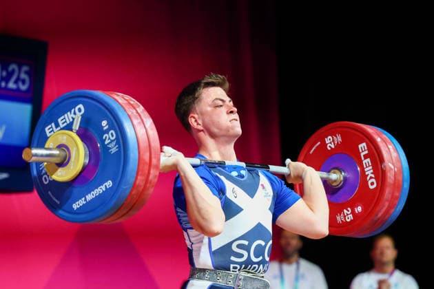 RECORD DATE NOT STATED 30th July 2026; Glasgow, Scotland; 2026 Commonwealth Games, Day Eight; Mens 110kg Weightlifting, Drew Burns (SCO) in the clean and jerk RogerxEvans