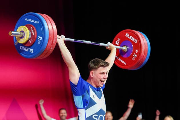 RECORD DATE NOT STATED 30th July 2026; Glasgow, Scotland; 2026 Commonwealth Games, Day Eight; Mens 110kg Weightlifting, Drew Burns (SCO) in the clean and jerk RogerxEvans