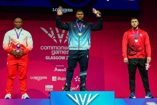 RECORD DATE NOT STATED 30th July 2026; Glasgow, Scotland; 2026 Commonwealth Games, Day Eight; Mens 110kg Weightlifting, gold medallist Taniela Tuisuva Rainibogi (FIJ) , silver medallist Cyrille Tchatchet II (ENG) , bronze medallist Xavier Lusignan (CAN) RogerxEvans