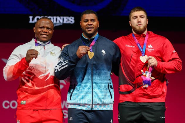 RECORD DATE NOT STATED 30th July 2026; Glasgow, Scotland; 2026 Commonwealth Games, Day Eight; Mens 110kg Weightlifting, gold medallist Taniela Tuisuva Rainibogi (FIJ) , silver medallist Cyrille Tchatchet II (ENG) , bronze medallist Xavier Lusignan (CAN) RogerxEvans