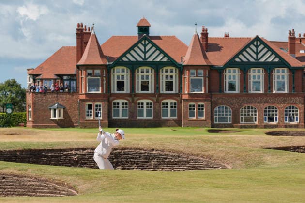 LYTHAM, ENGLAND - JULY 30: Alexandra Forsterling (GER) plays from a bunker on the eighteenth fairway during Round 1 at the 50th AIG Women™s Open Championship at the Royal Lytham and St Anne™s Golf Club, Lytham on July 30, 2026 in Lancashire, England The 50th AIG Women™s Open Championship