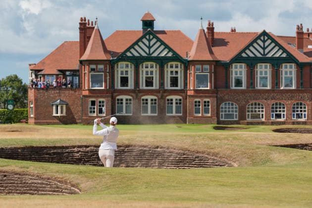 LYTHAM, ENGLAND - JULY 30: Alexandra Forsterling (GER) plays from a bunker on the eighteenth fairway during Round 1 at the 50th AIG Women™s Open Championship at the Royal Lytham and St Anne™s Golf Club, Lytham on July 30, 2026 in Lancashire, England The 50th AIG Women™s Open Championship