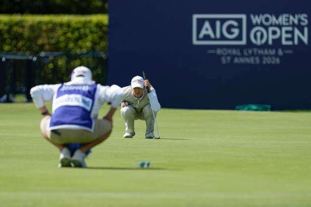 LYTHAM, ENGLAND - JULY 30: Alexandra Forsterling (GER) and her caddie line up a putt on the 18th green during Round 1 at the 50th AIG Women™s Open Championship at the Royal Lytham and St Anne™s Golf Club, Lytham on July 30, 2026 in Lancashire, England The 50th AIG Women™s Open Championship