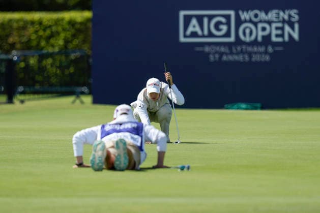 LYTHAM, ENGLAND - JULY 30: Alexandra Forsterling (GER) and her caddie line up a putt on the 18th green during Round 1 at the 50th AIG Women™s Open Championship at the Royal Lytham and St Anne™s Golf Club, Lytham on July 30, 2026 in Lancashire, England The 50th AIG Women™s Open Championship