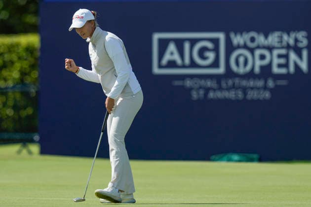 LYTHAM, ENGLAND - JULY 30: Alexandra Forsterling (GER) celebrates as she holes a par saving putt on the 18th green during Round 1 at the 50th AIG Women™s Open Championship at the Royal Lytham and St Anne™s Golf Club, Lytham on July 30, 2026 in Lancashire, England The 50th AIG Women™s Open Championship