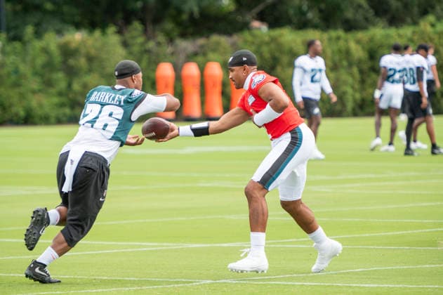 July 30, 2026, Philadelphia, Pennsylvania, United States: Philadelphia Eagles QB JALEN HURTS (1) and RB SAQUON BARKLEY (26) in action during the Eagles training camp held at the Jefferson Health Complex in Philadelphia Pa Philadelphia United States - ZUMArf1_ 20260730_zaf_rf1_008 Copyright: xRickyxFitchettx
